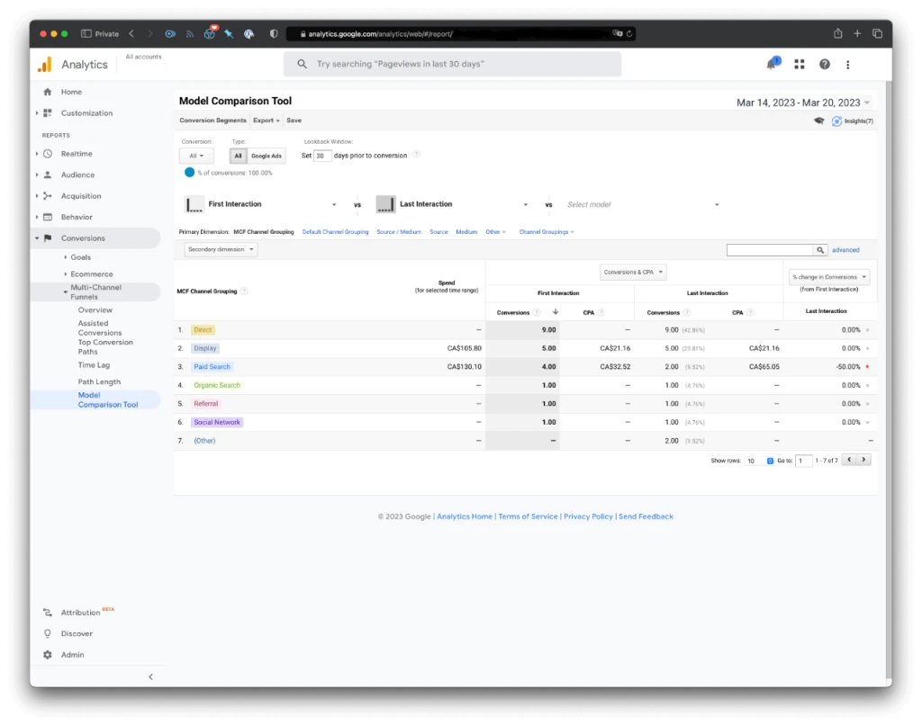 Screenshot of Google Analytics template comparison tool