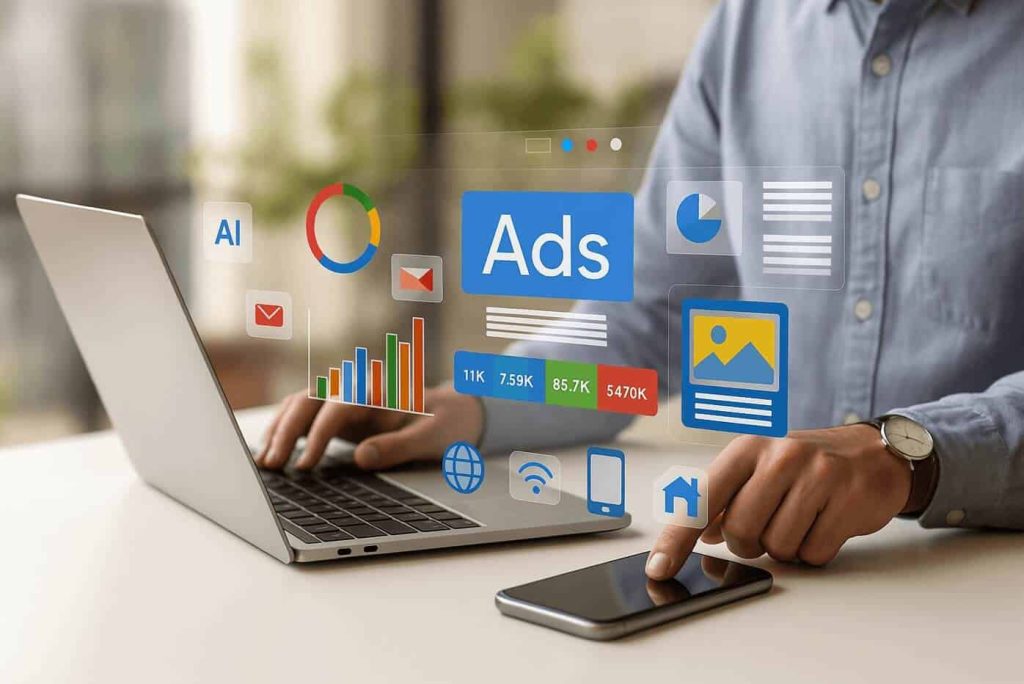 Homme utilisant ordinateur, marketing digital et publicité