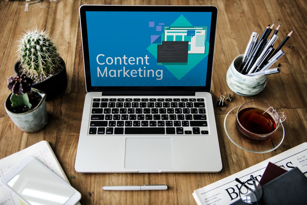 Laptop displaying 'Content Marketing