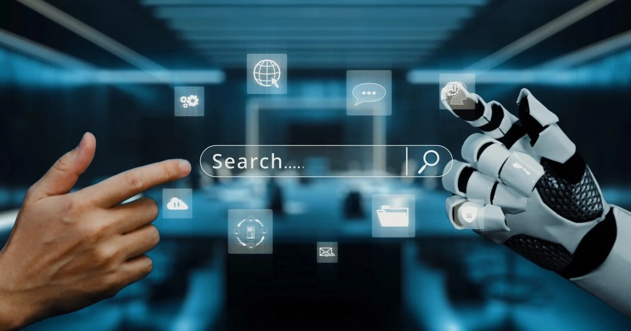 Main humaine et robotique interagissant avec interface futuriste