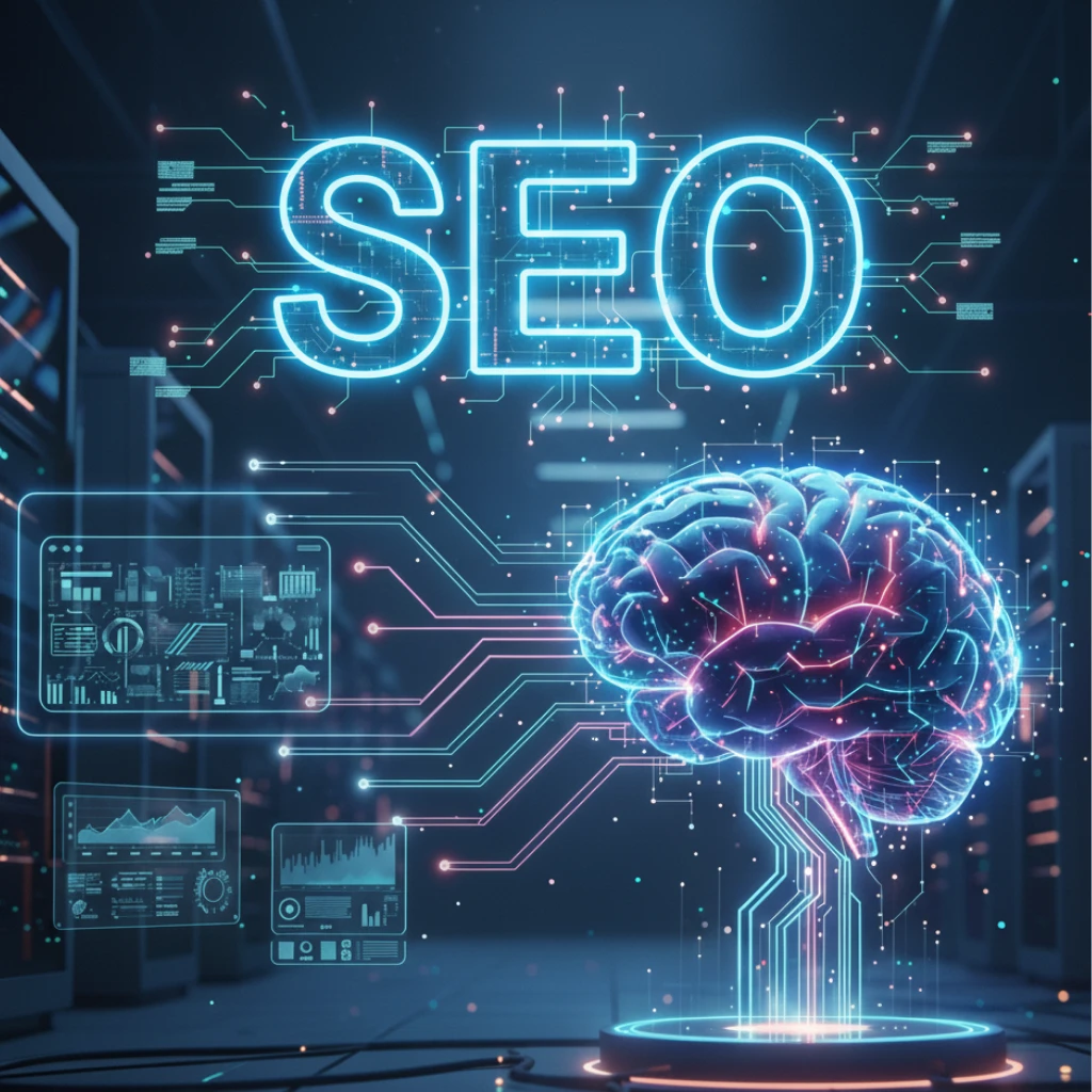 Illuminated 3D brain image and SEO text
