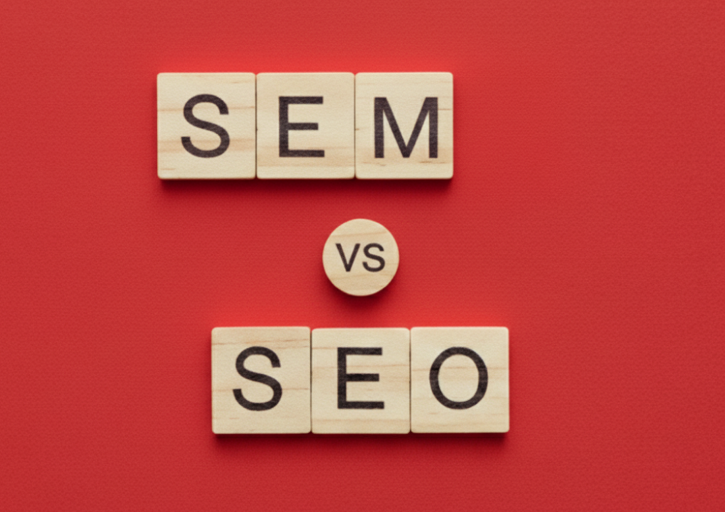 SEM vs SEO blocks on red background