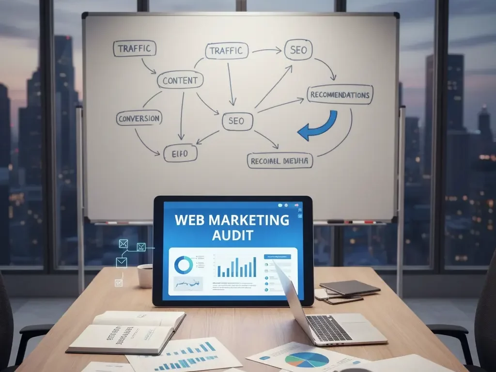 Bureau avec présentation SEO et matériel marketing