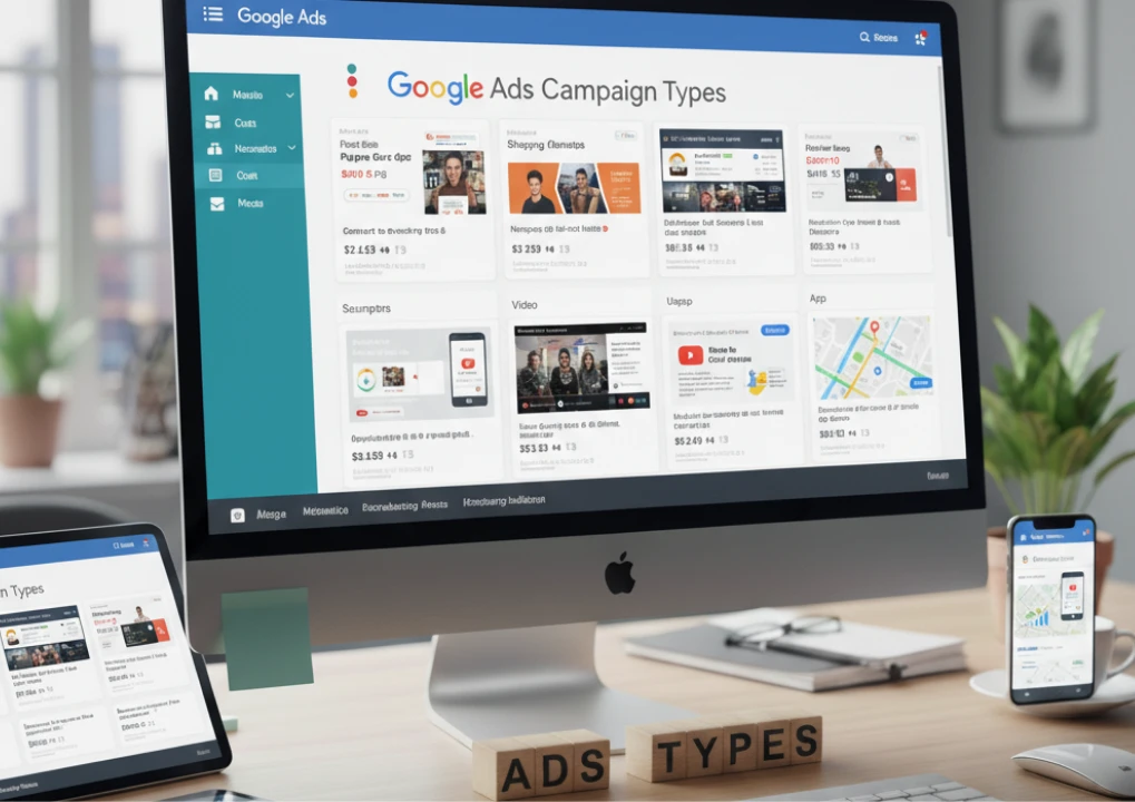 Écrans affichant types de campagnes Google Ads