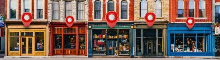 Façades colorées des commerces locaux en ville, chacune ornée d’un symbole de localisation.