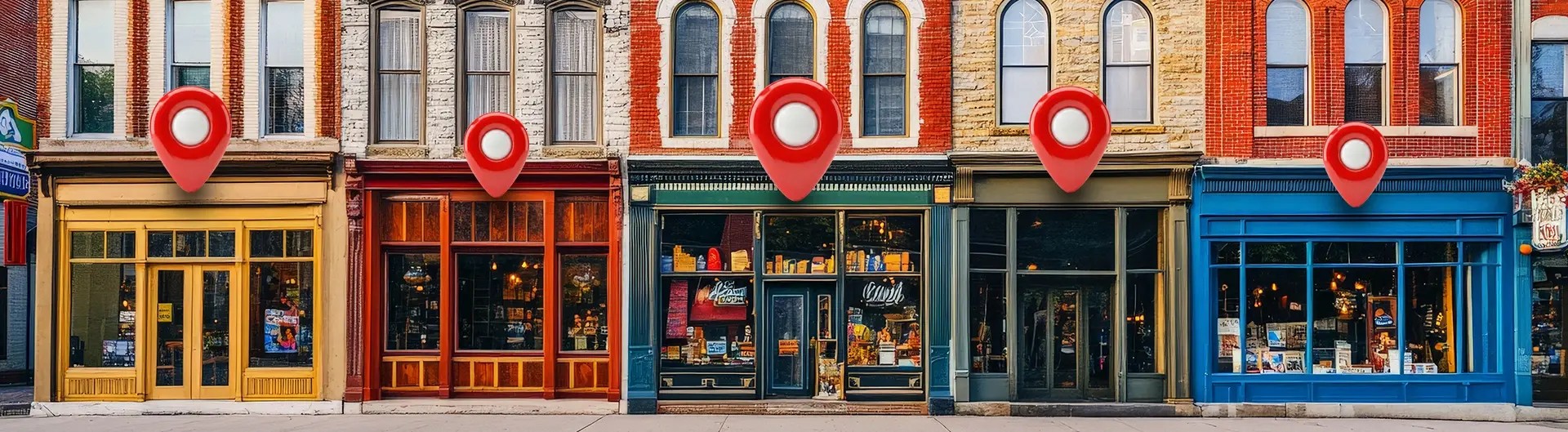 Façades colorées des commerces locaux en ville, chacune ornée d’un symbole de localisation.