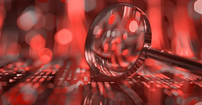 Magnifying glass analyzing a glowing circuit board