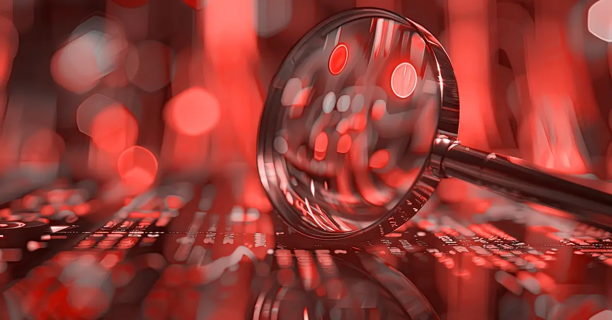 Magnifying glass analyzing a glowing circuit board