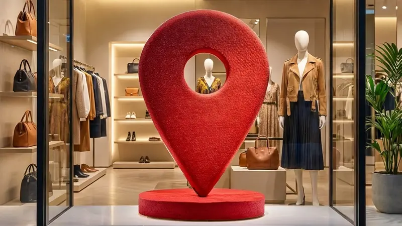 Vitrine d'une boutique de mode avec un grand point de repère rouge.