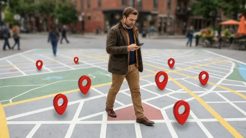 Un homme utilisant un GPS sur une immense carte urbaine au cœur de la ville, avec des points de repère indiquant plusieurs lieux.