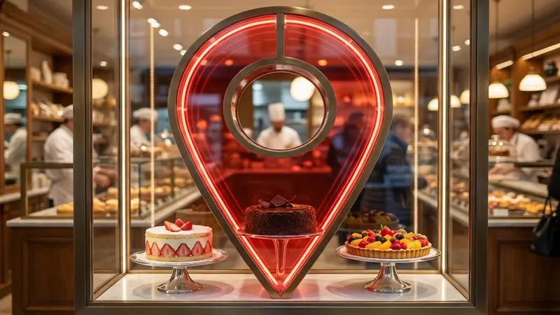 Une vitrine de pâtisserie bien garnie, où l'on voit des chefs pâtissiers servir les clients. Un repère de localisation rouge est clairement visible sur la vitrine.