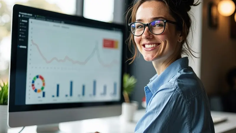 Smiling woman analyzing financial charts on a computer