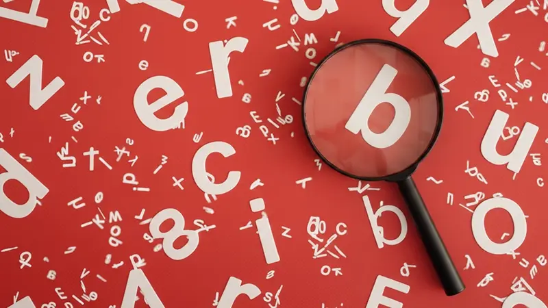Magnifying glass on a red background with scattered white letters
