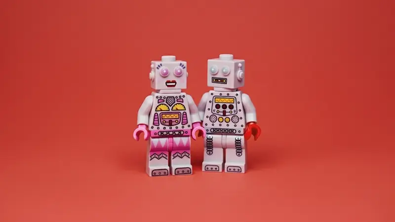 Two toy robots on an orange background