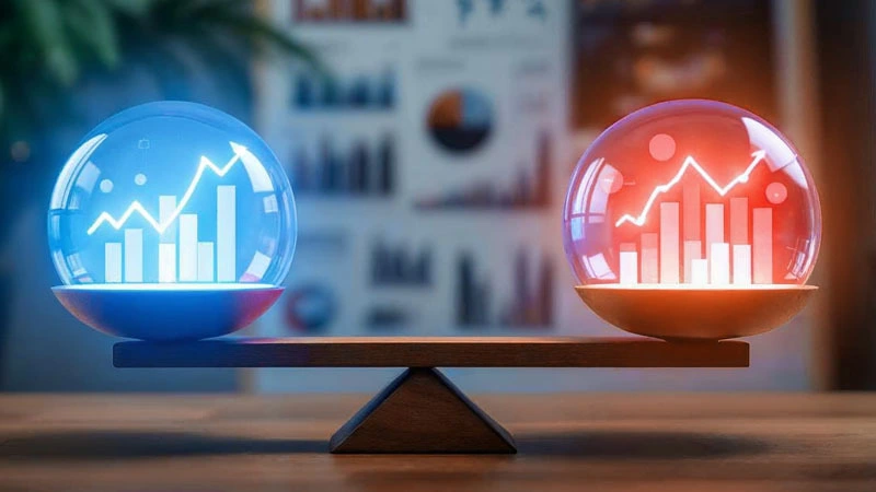 Deux sphères lumineuses, l'une bleue et l'autre rouge, sont positionnées symétriquement. Chacune contient des graphiques internes, créant ainsi un équilibre visuel.