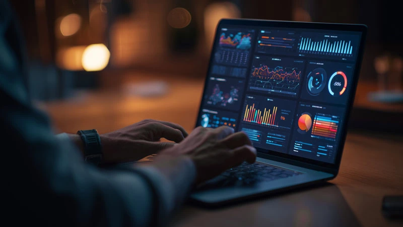 Homme analysant données Marketing sur ordinateur portable