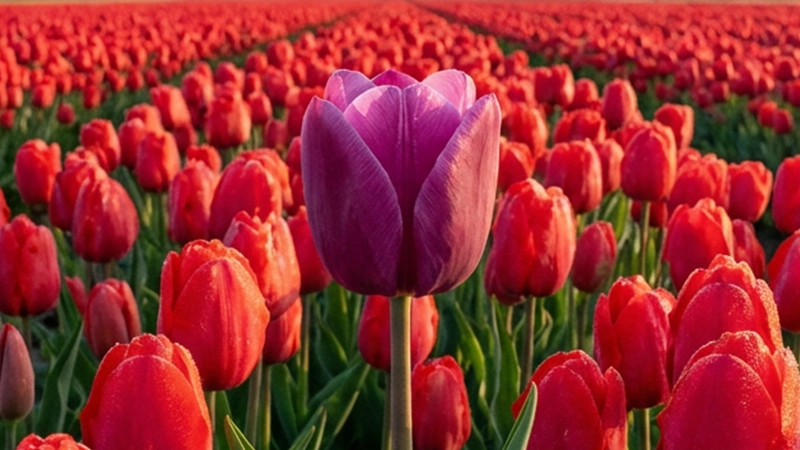 Tulipe violette parmi tulipes rouges au champ