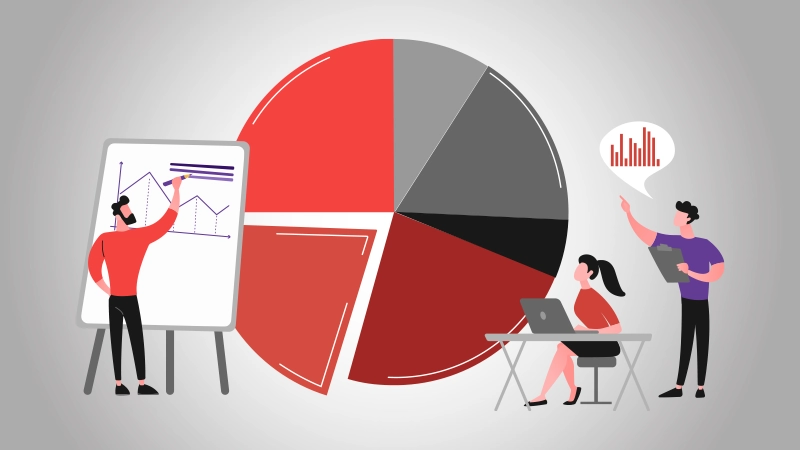 Vector-style people analyzing data with graphs and pie charts.