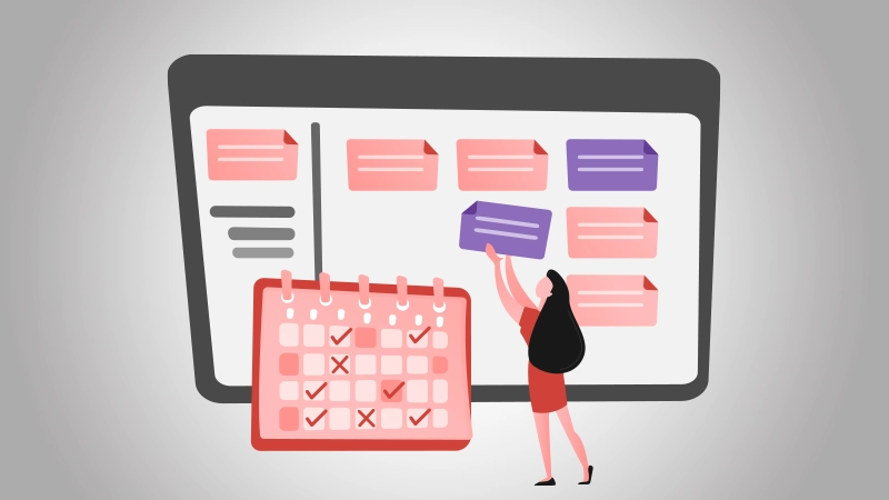 A vector-style woman planning tasks or publications on a digital calendar