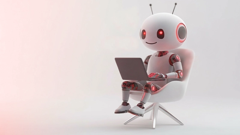 A seated mini-robot working on a laptop computer