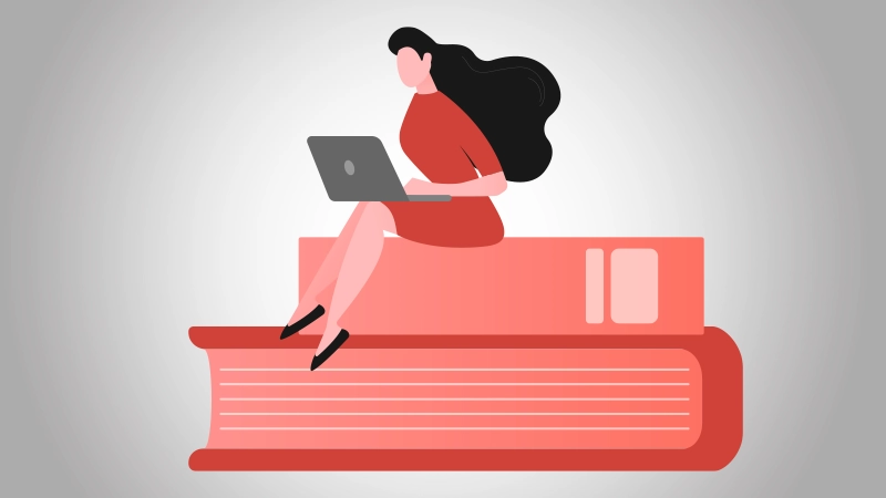 Vector woman working on a laptop, sitting on a stack of books.