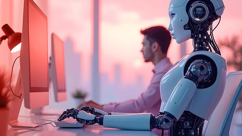 A robot and a human working side by side, each on their own computer.