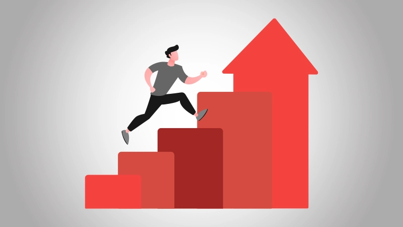A man illustrated as a vector ascending a graph represented by an ascending red arrow.