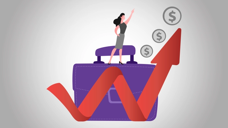A vector woman straddling a professional satchel, embodying a rapidly expanding financial growth curve.