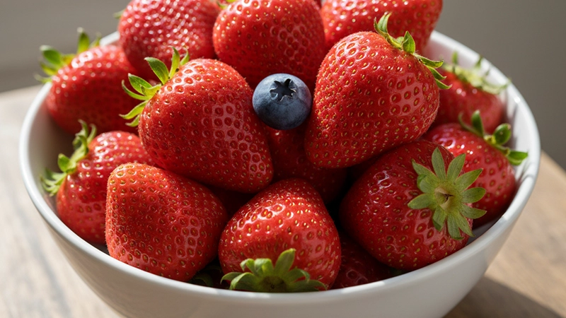 Bol de fraises fraîches avec un seule bleuet au milieu
