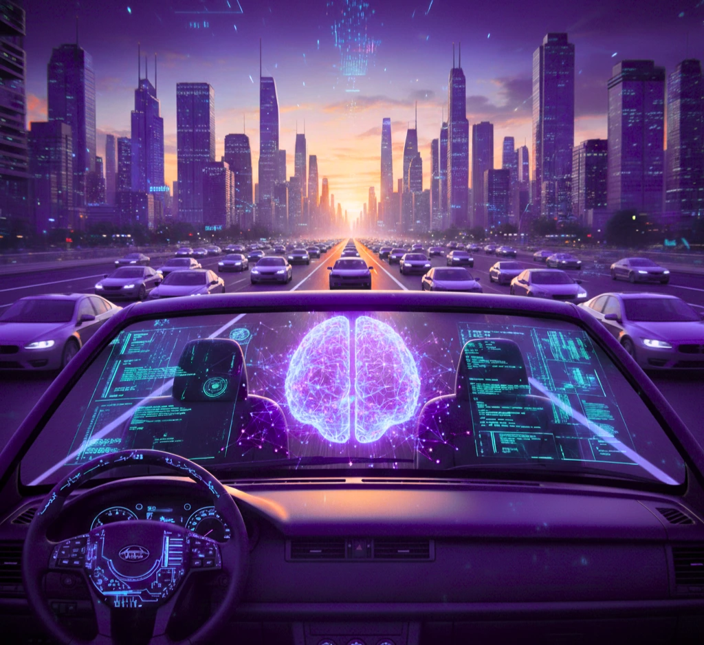 An autonomous vehicle speeds along an urban highway, surrounded by towering skyscrapers and a dense flow of cars stretching as far as the eye can see.